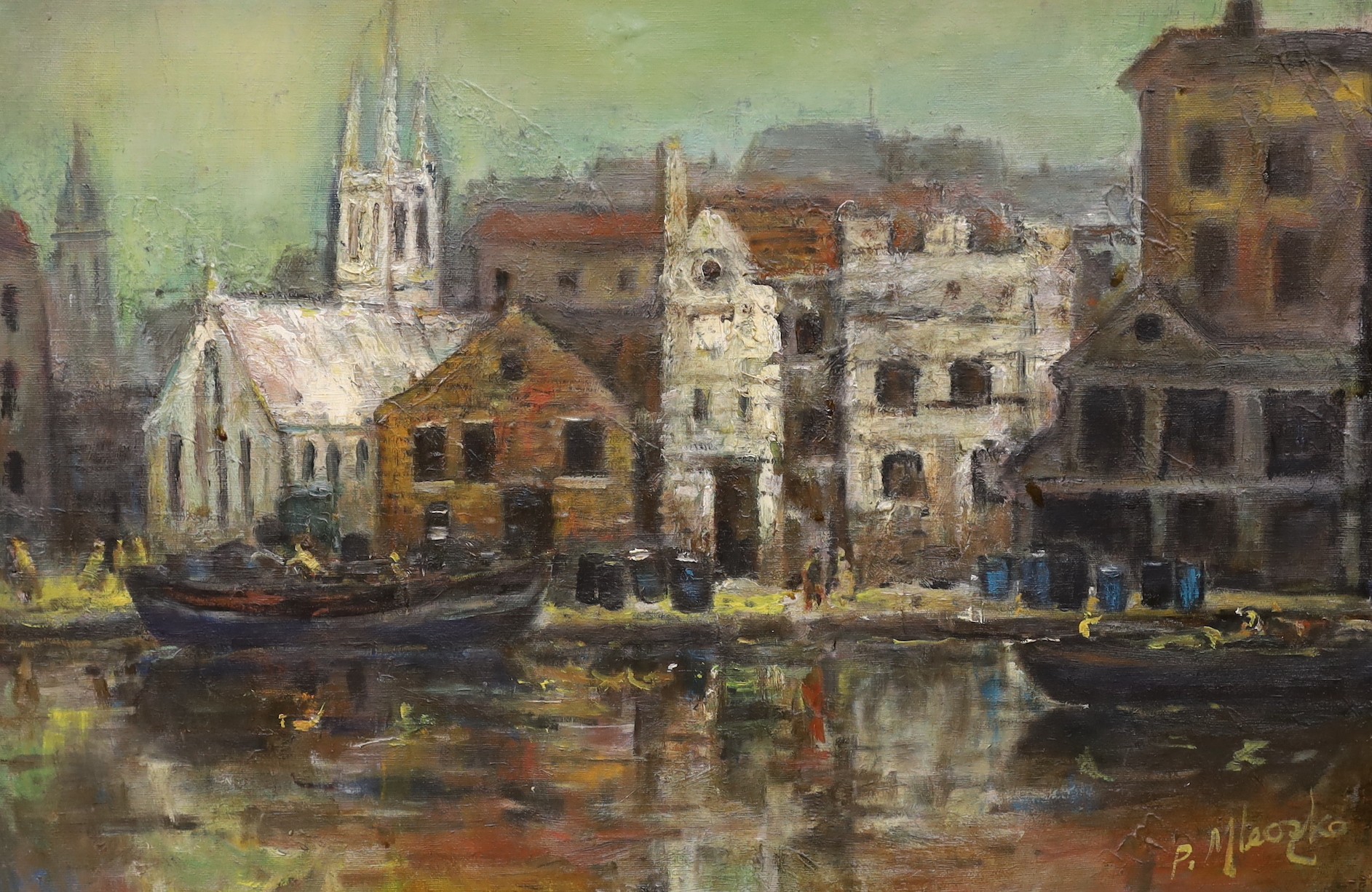 Piotr Mleczko (Polish, 1919-95), oil on canvas, 'River Thames near Hammersmith Bridge' and Untitled abstracted figures, both signed, 39 x 58cm and 60 x 45cm